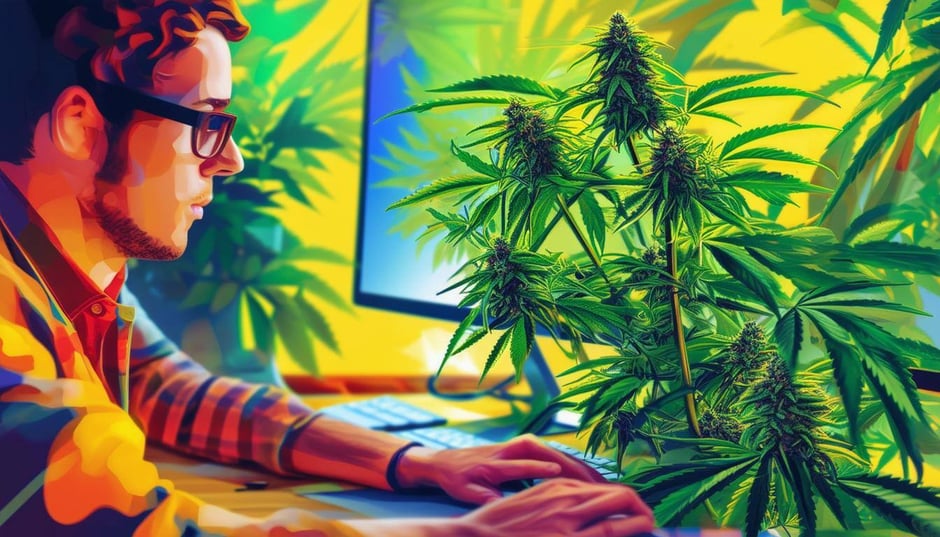 A vibrant image of a person working diligently at a computer with a cannabis sativa plant in the foreground