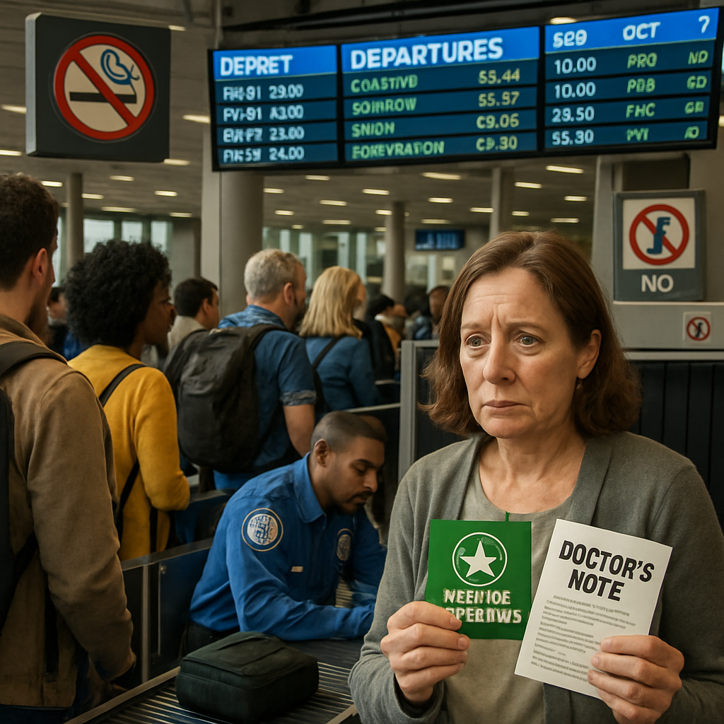 Passenger in an airport nervous about flying with cannabis. 