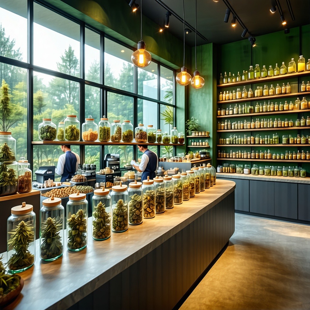 The image showcases a welcoming medical dispensary interior bathed in soft natural light filtering through large windows The walls are adorned with calming green hues complemented by wooden accents that create a warm and inviting atmosphere In the fo-3