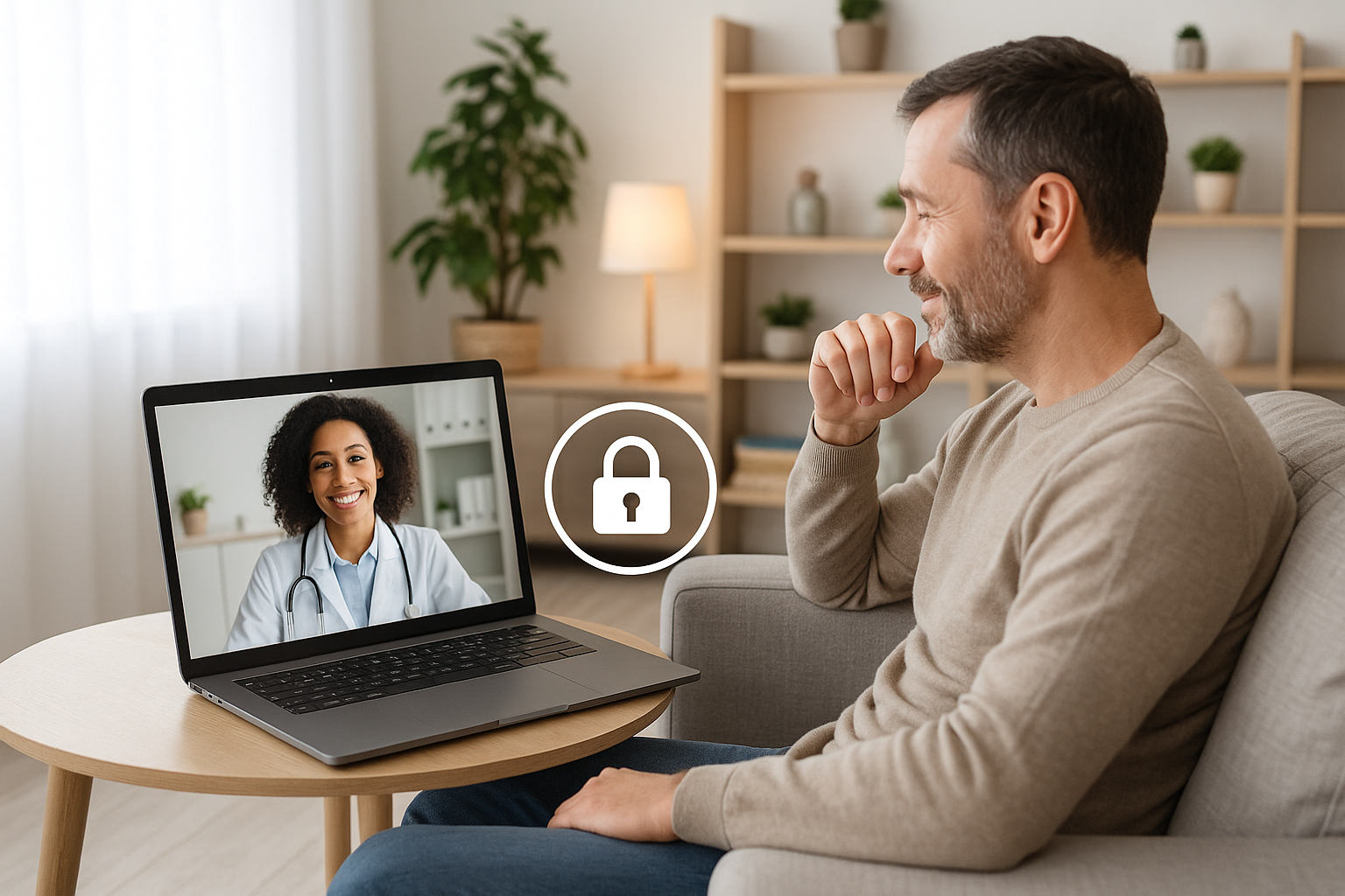 A relaxed patient in a modern living room engaged in a confidential video consultation with a doctor, symbolism of privacy, lock icon visible. Telehealth environment feels supportive and safe.
